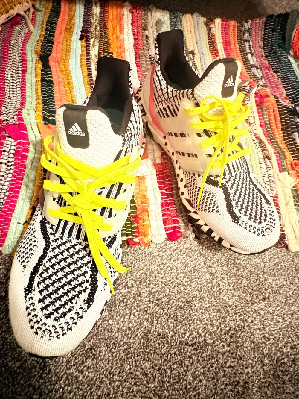 adidas men’s White & Black Knit Sneakers with Neon Yellow Laces